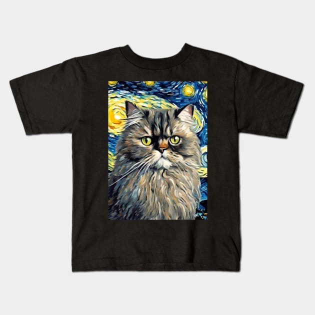 Adorable Persian Cat Breed Painting in a Van Gogh Starry Night Art Style Kids T-Shirt by Art-Jiyuu